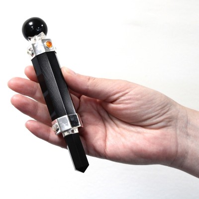 Šestihranná Křišťálová Léčivá Hůlka - 12cm - Černý Achát